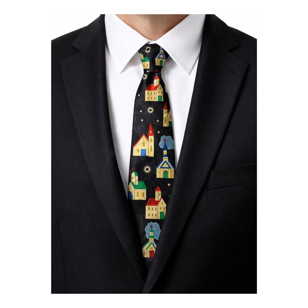 Vintage Novelty Church Necktie - Folk Art Celestial Religious print